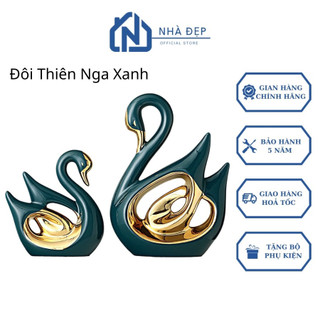 Tượng trang trí đôi thiên nga uyên ương gốm sứ hoạ tiết sắc nét decor nhà cửa phòng khách hiện đại