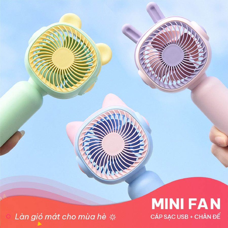 Quạt Mini Cầm Tay Quạt Để Bàn Làm Việc Mini Fan Du Lịch Sạc USB Cắm Điện Nhỏ Gọn Gió Mạnh Pin Lâu Mẫu Tai Mèo KITPRO
