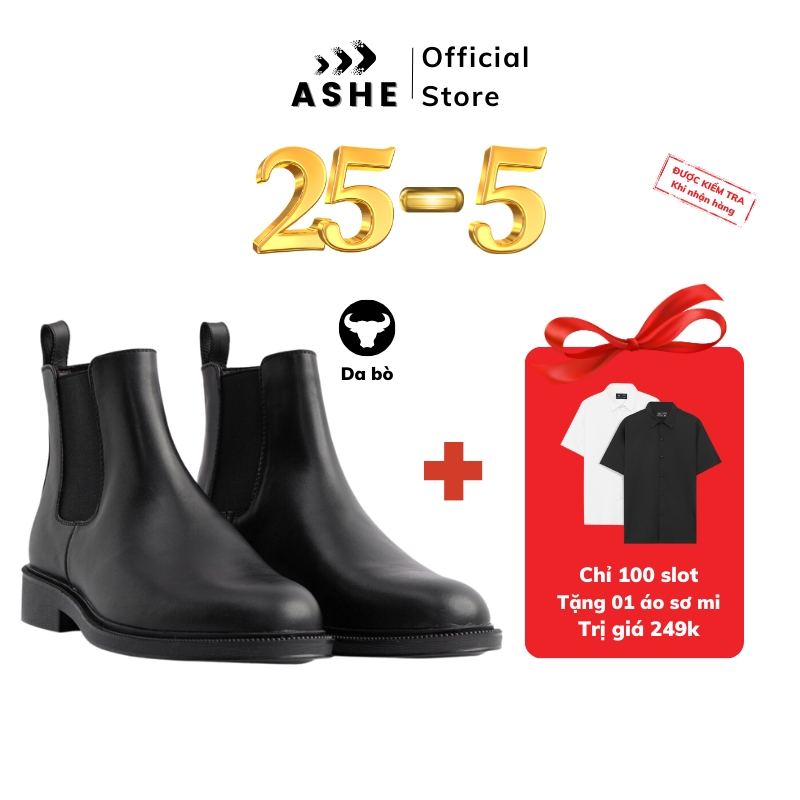 Giày boot nam ASHE - Da bò thật, tăng chiều cao 4cm, thời trang