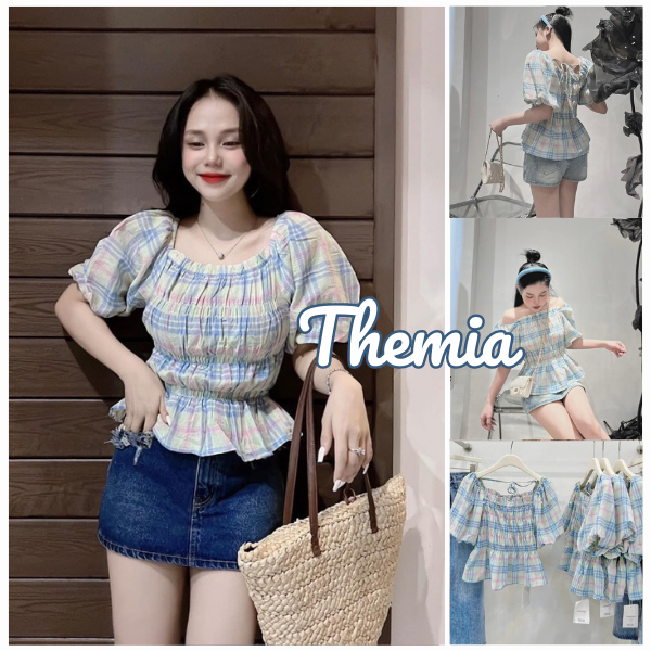 Áo sơ mi kiểu nữ bo chun kẻ sọc caro xanh pastel buộc dây lưng hot hit AKCXP2939