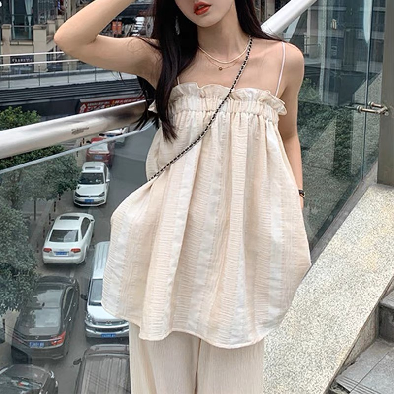 Áo babydoll 2 dây màu trắng nhún ngực dễ thương, Áo hai dây quảng châu kiểu dáng basic điệu đà