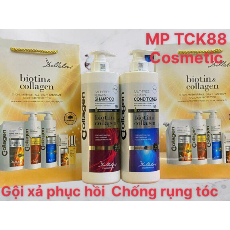 Dầu Gội Xả Biotin collagen plus salt free ol siêu mềm mượt phục hồi chống rụng tóc 850ml