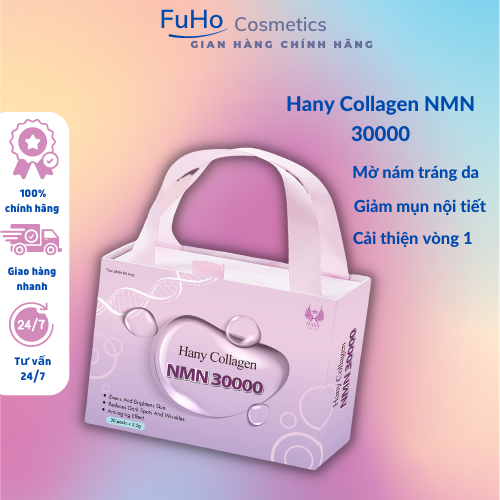 Hany collagen, Collagen NMN 30000 hộp 30 gói loại bỏ nám sạm tàn nhang nếp nhăn, dưỡng trắng, đẹp da Fuhocometics