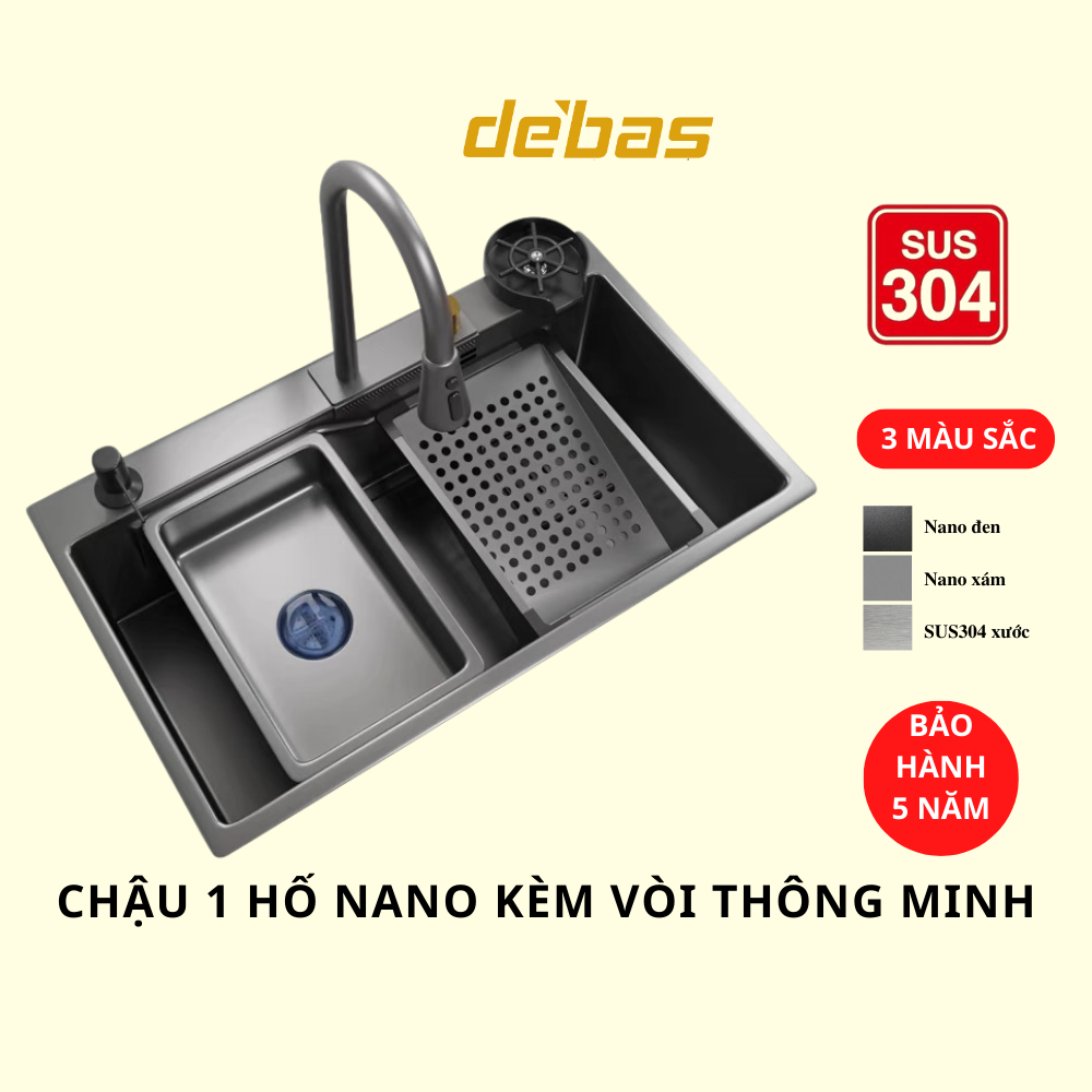 Chậu rửa bát 1 hố to kèm vòi dải nước thác nước cao cấp thông minh inox 304 Debas 7545 7846
