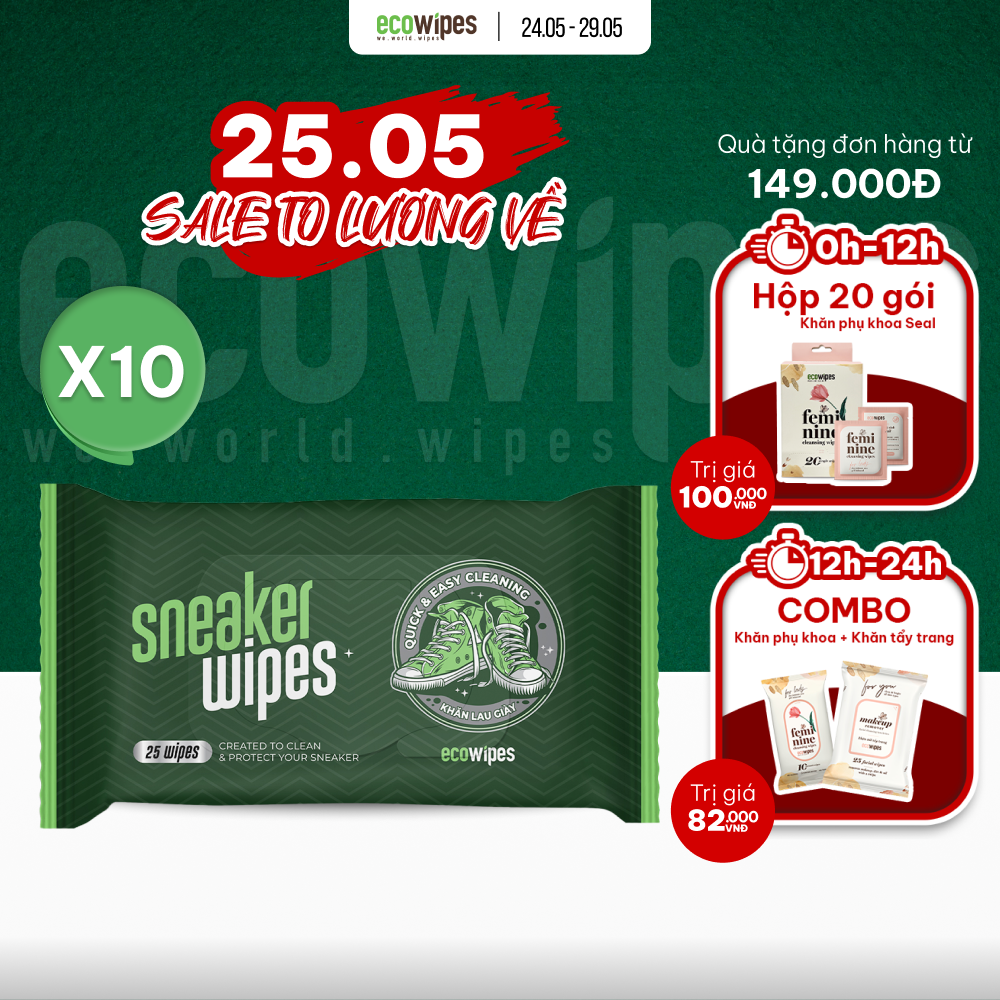 Combo 10 gói khăn giấy ướt lau giày siêu sạch Sneaker Wipes gói 25 tờ làm sạch nhanh chóng các vết bám bẩn