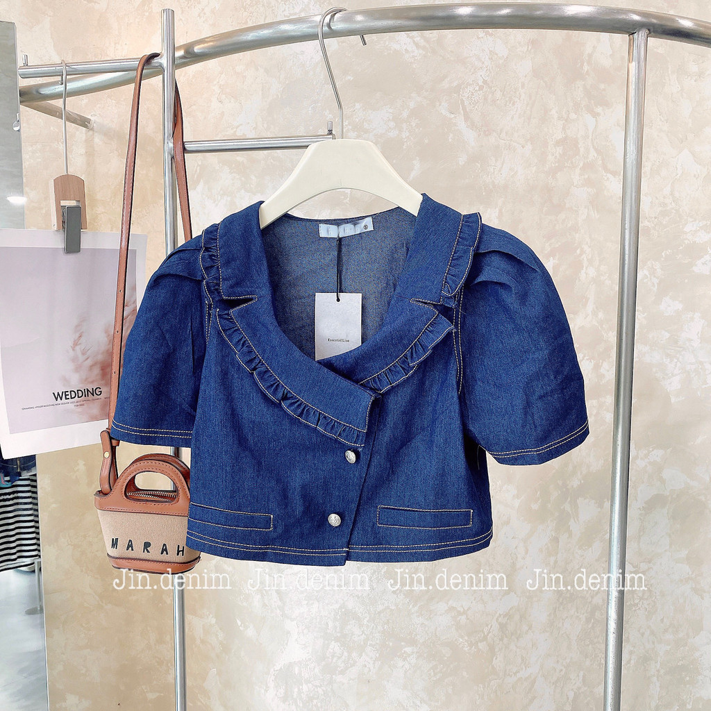 Áo sơ mi bò , cổ bèo,áo bò jean denim, váy bò basic, áo bò basic thiết kế tay bồng 004