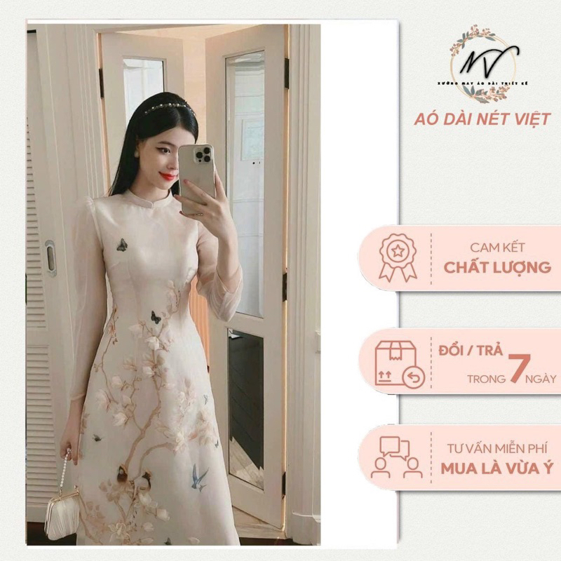 Áo dài cách tân Giai Thuỵ chất liệu oganza lót lụa hoạ tiết đính kết màu kem siêu xinh kèm ảnh thật phía sau,Ad Nét Việt