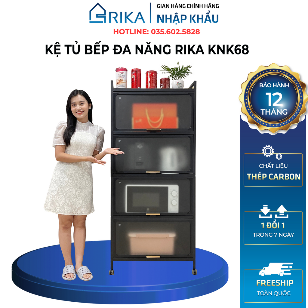 Tủ bếp Rika KNK68, Kệ Tủ Đa Năng Thép Carbon Kính Cường Lực Để Đồ Gia Dụng trong bếp [Hàng Nhập Khẩu Chính Hãng]
