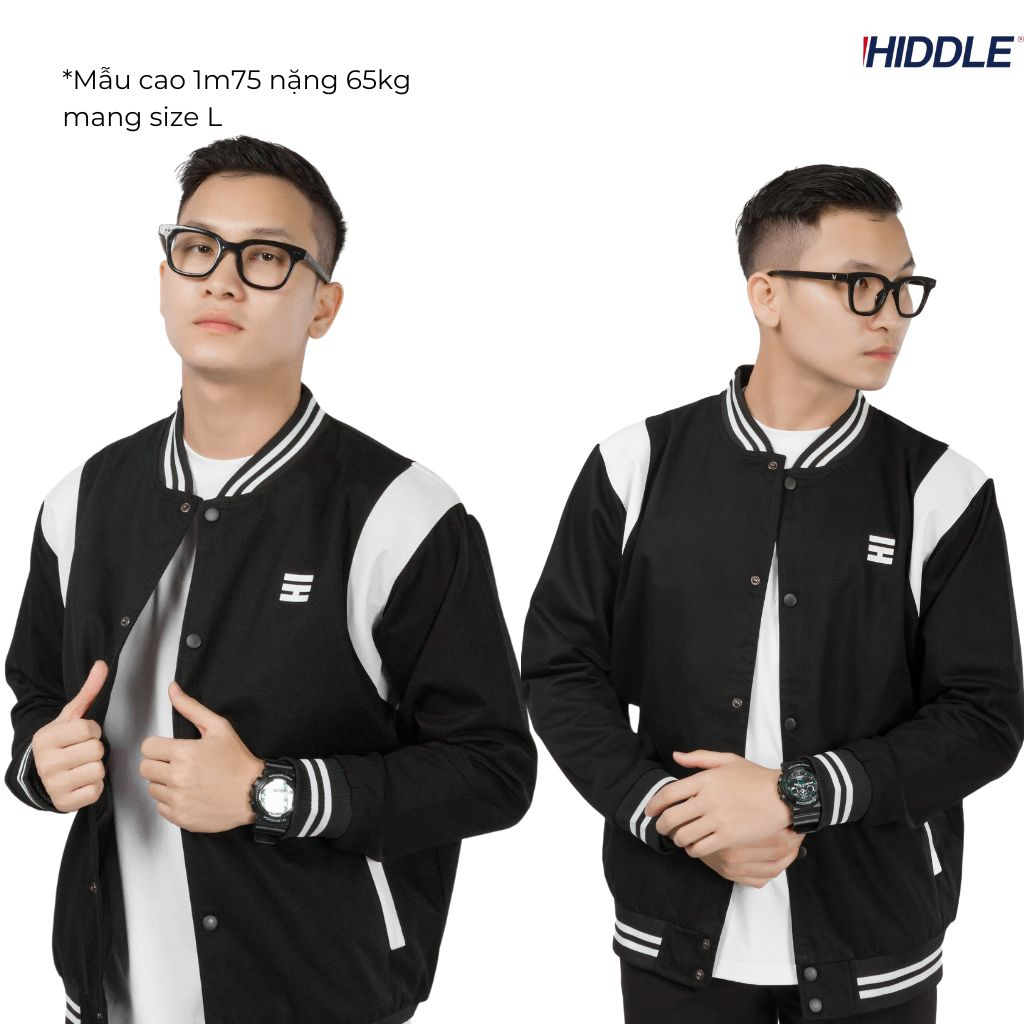 Áo khoác nam bomber Varsity vải kaki nút bấm có túi trong đựng đồ tay phối da HIDDLE (Trắng, Đen) | H05-AK2