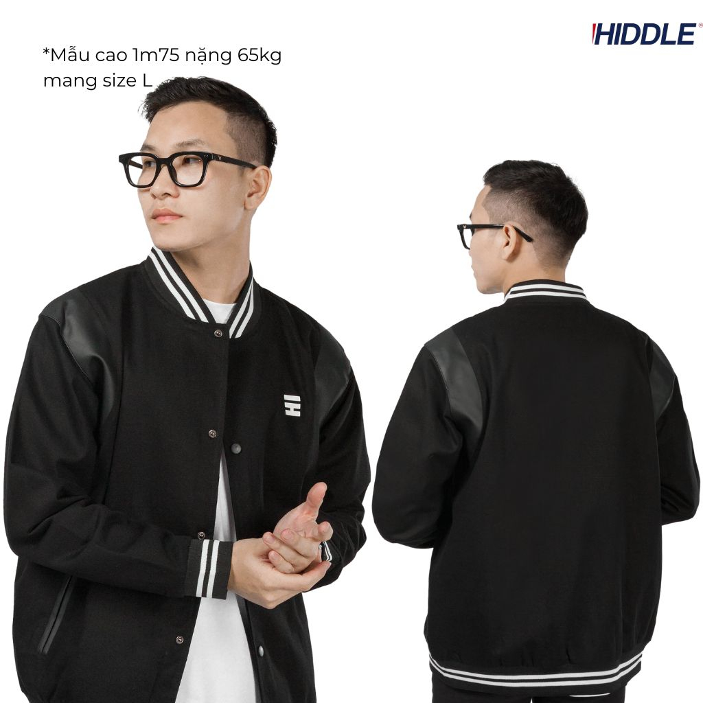 Áo khoác nam bomber Varsity vải kaki nút bấm có túi trong đựng đồ tay phối da HIDDLE (Trắng, Đen) | H05-AK2