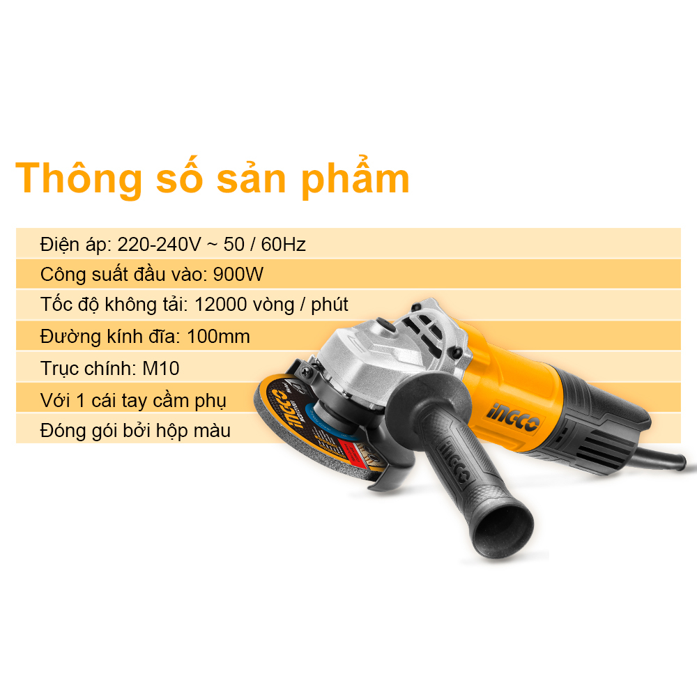 Máy mài góc cầm tay công tắc đuôi 900w INGCO AG900282 đường kính 100mm