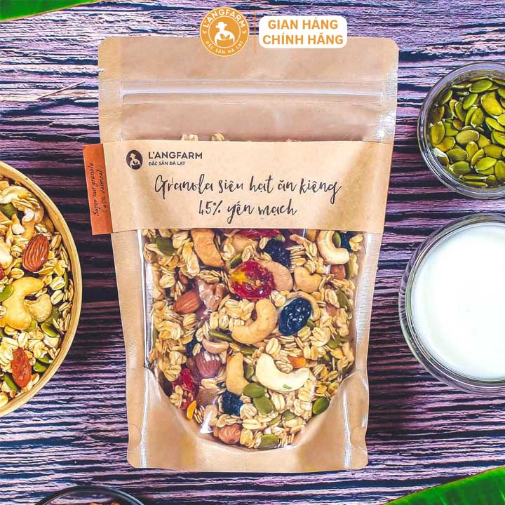 Granola L'angfarm siêu hạt ăn kiêng 45% yến mạch, Bao bì handmade đẹp mắt
