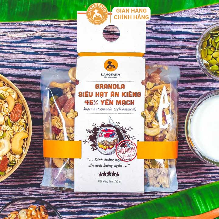 Granola L'angfarm siêu hạt ăn kiêng 45% yến mạch, Bao bì handmade đẹp mắt