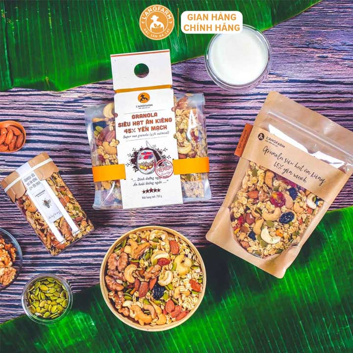 Granola L'angfarm siêu hạt ăn kiêng 45% yến mạch, Bao bì handmade đẹp mắt