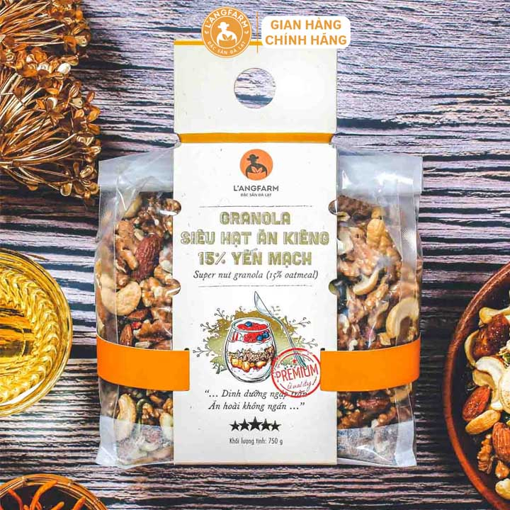 Granola siêu hạt ăn kiêng 15% yến mạch L'angfarm, Bao bì handmade đẹp mắt, phù hợp tiêu dùng hoặc làm quà tặng