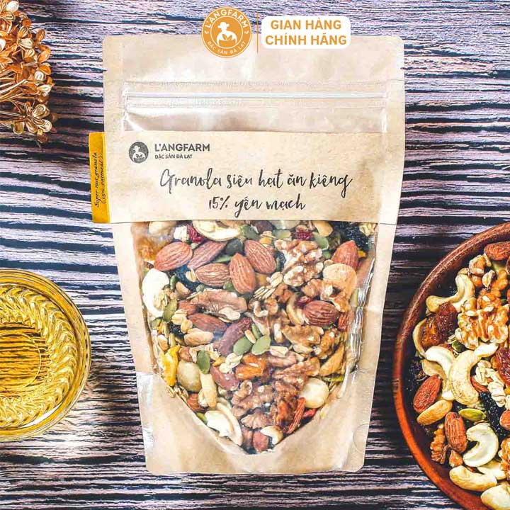 Granola siêu hạt ăn kiêng 15% yến mạch L'angfarm, Bao bì handmade đẹp mắt, phù hợp tiêu dùng hoặc làm quà tặng