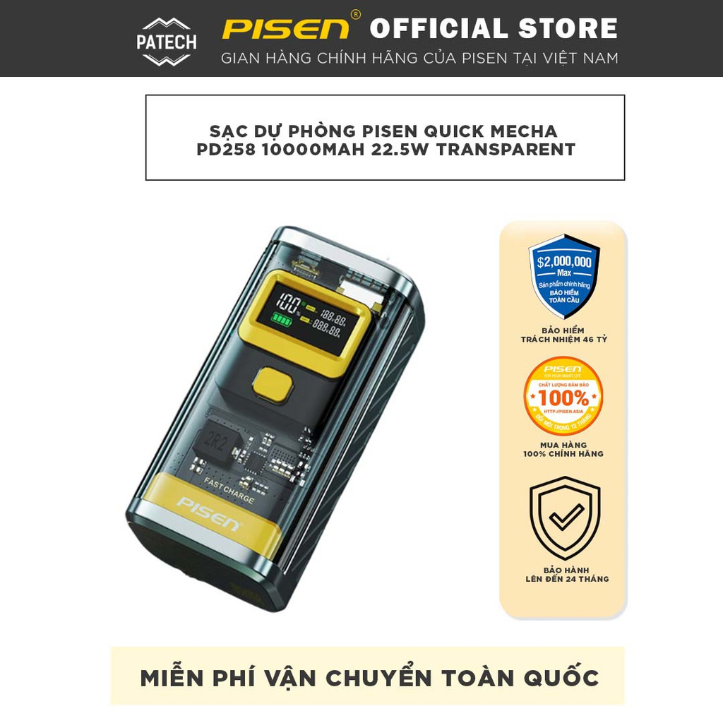 Sạc dự phòng PISEN Quick Mecha PD258 10000mAh 22.5W Transparent, Model: LS-DY212, màu xanh, bảo hành 24 tháng