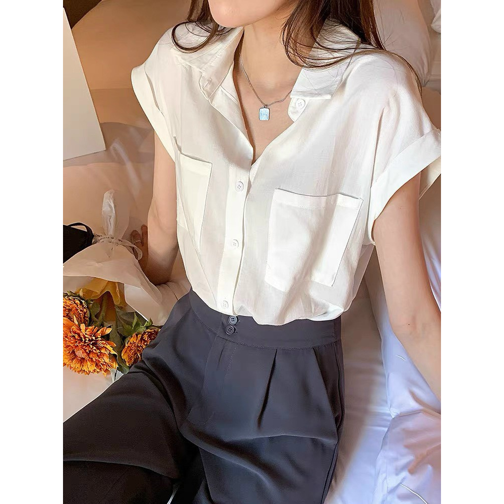 Áo sơ mi nữ tay hến túi hộp chất vải tơ nhật cực mát mẫu mới mùa hè 2023 phong cách thời trang công sở | BigBuy360 - bigbuy360.vn
