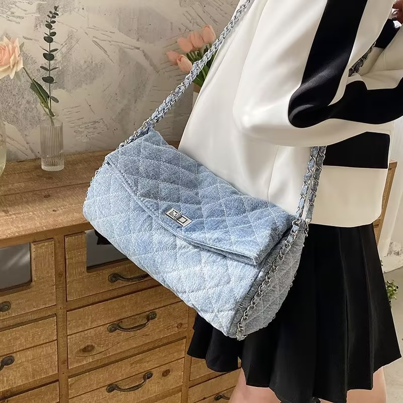 Túi đeo vai chuỗi hình thoi phong cách Xiaoxiang túi xách denim túi vuông nhỏ cho nữ🌈🌷HÀNG CÓ SẴN🌱
