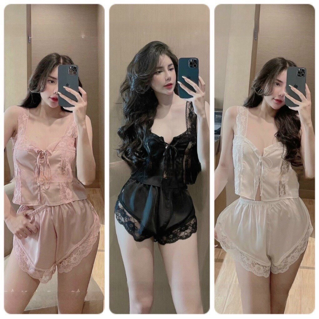 HOT - Set đồ ngủ lụa satin phối ren quyến rũ M25 | BigBuy360 - bigbuy360.vn