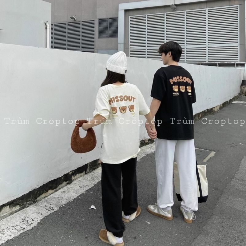 Áo thun tay lỡ in hình gấu misout 2 màu đen trắng , áo phông rộng form unisex nam nữ freesize dưới 65kg Trùm Croptop