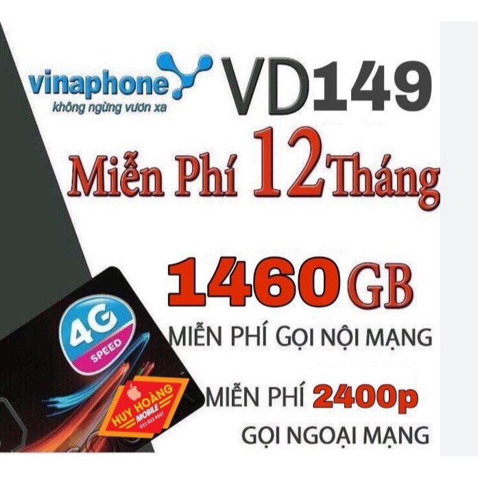 Sim 4G vina VD149 gói 12 không phải nạp tiền (180GB/Tháng) miễn phí gọi nội mạng và 2400 phút ngoại mạng