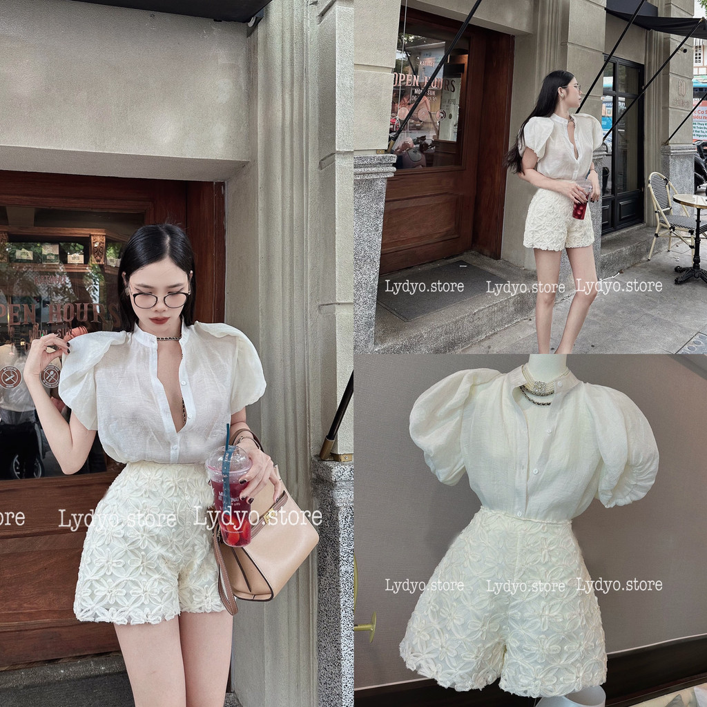 Set bộ đồ quần đùi sooc, kết hợp áo sơ mi tay bồng cách điệu tiểu thư công sở, đồ bộ công sở thiết kế cao cấp 008