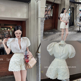 Set bộ đồ quần đùi sooc, kết hợp áo sơ mi tay bồng cách điệu tiểu thư công sở, đồ bộ công sở thiết kế cao cấp 008