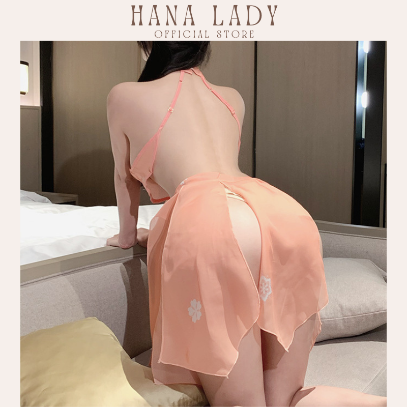 Đầm ngủ nữ yếm xẻ tà cánh sen gợi cảm phong cách cổ trang quyến rũ C300 HanaLadyStore