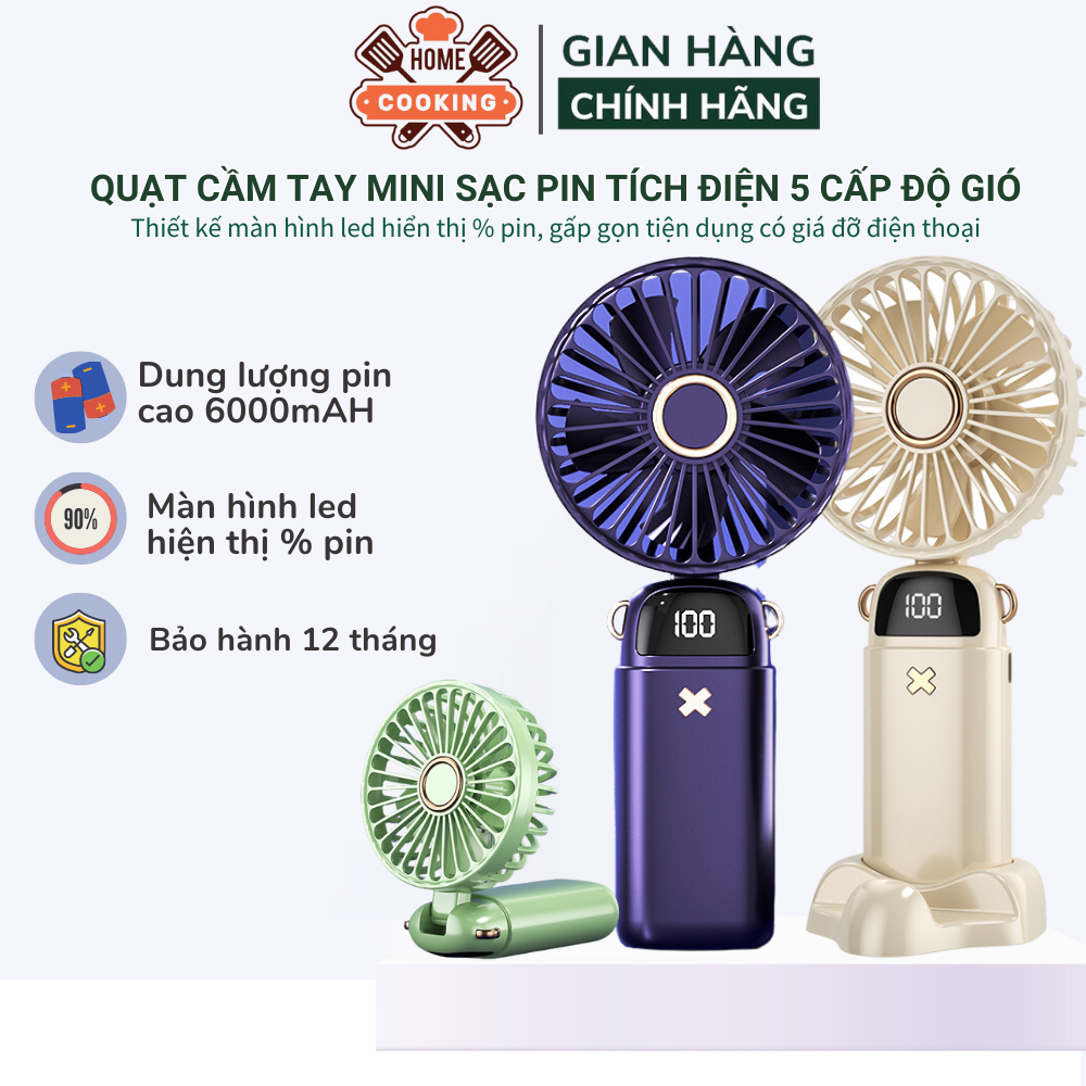 Quạt cầm tay mini gấp gọn 5 cấp độ gió sạc pin tiện dụng, dung lượng pin 6000mAh đèn led hiển thị % pin xoay 90 độ