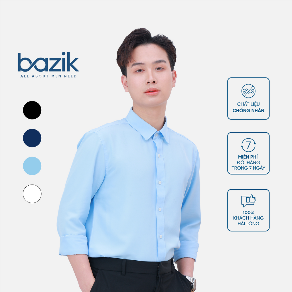 Áo Sơ Mi Nam Trơn Bazik Chất Liệu CoolTwill Sợi Cotton Chống Nhăn Cổ Bẻ Dài Tay Chuẩn Form Giữ Dáng
