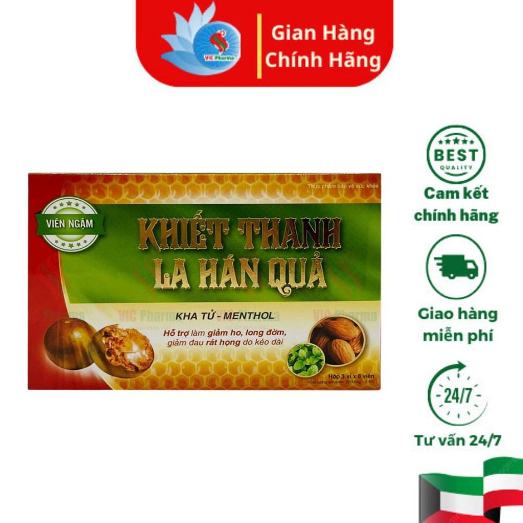 Viên ngậm Khiết thanh La hán quả hỗ trợ giảm ho, long đờm - Hộp 3 vỉ x 8 viên