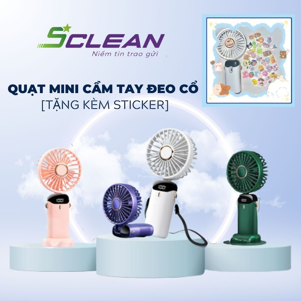 Quạt mini cầm tay SCLEAN sạc tích điện đeo cổ để bàn và kiêm giá đỡ điện thoại thông minh