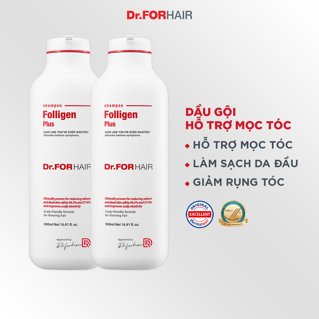 Bộ 2 chai dầu gội giảm rụng tóc và hỗ trợ mọc tóc Dr.FORHAIR Folligen Plus Shampoo 500ml/chai
