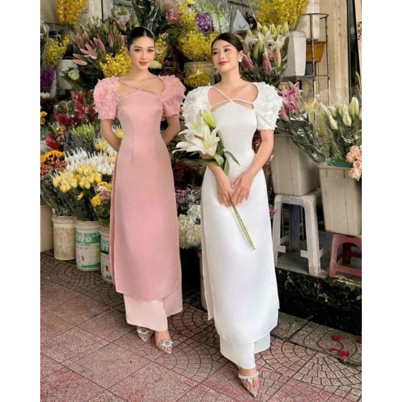 Áo dài cách tân thiết kế chất liệu tafta - cổ yếm - tay đính kết cao cấp - Shop áo dài Thu Hà Silk - TH99