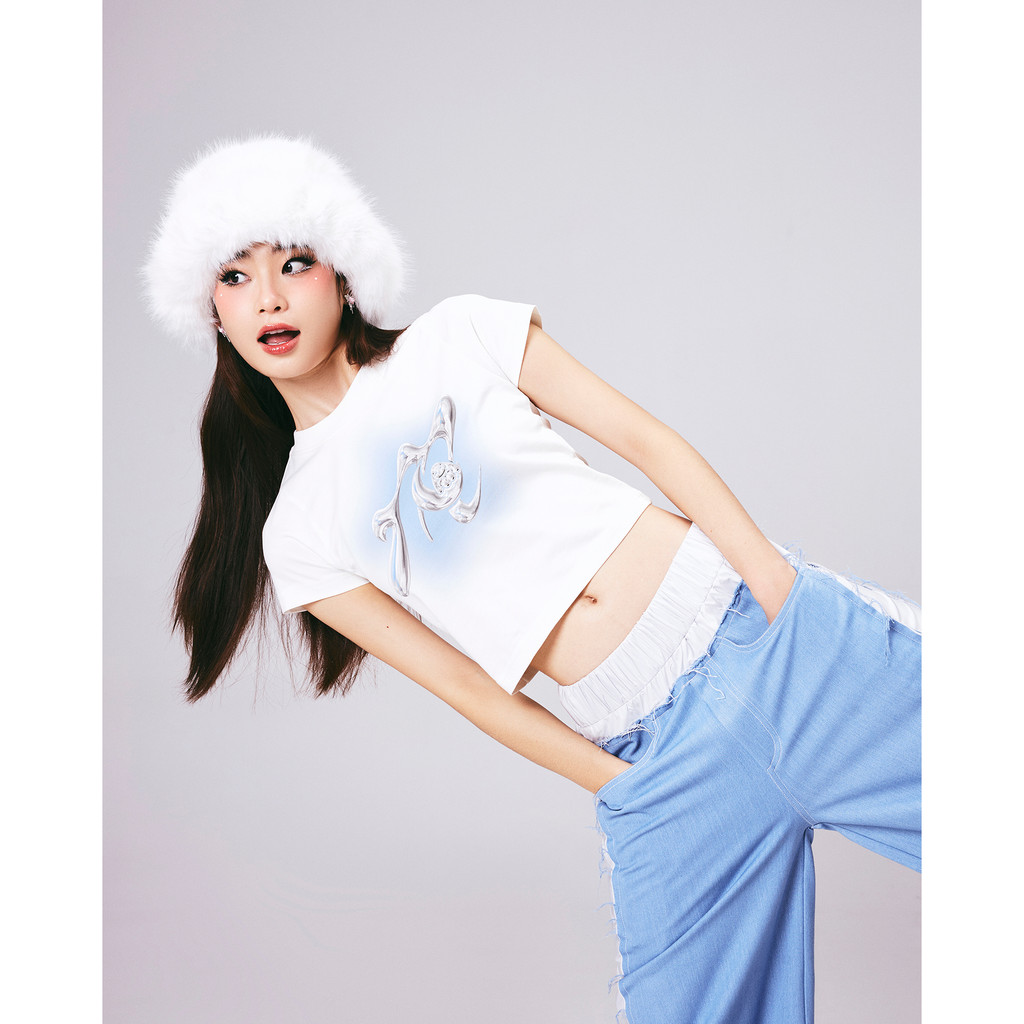 Áo baby tee trắng xanh Mangata
