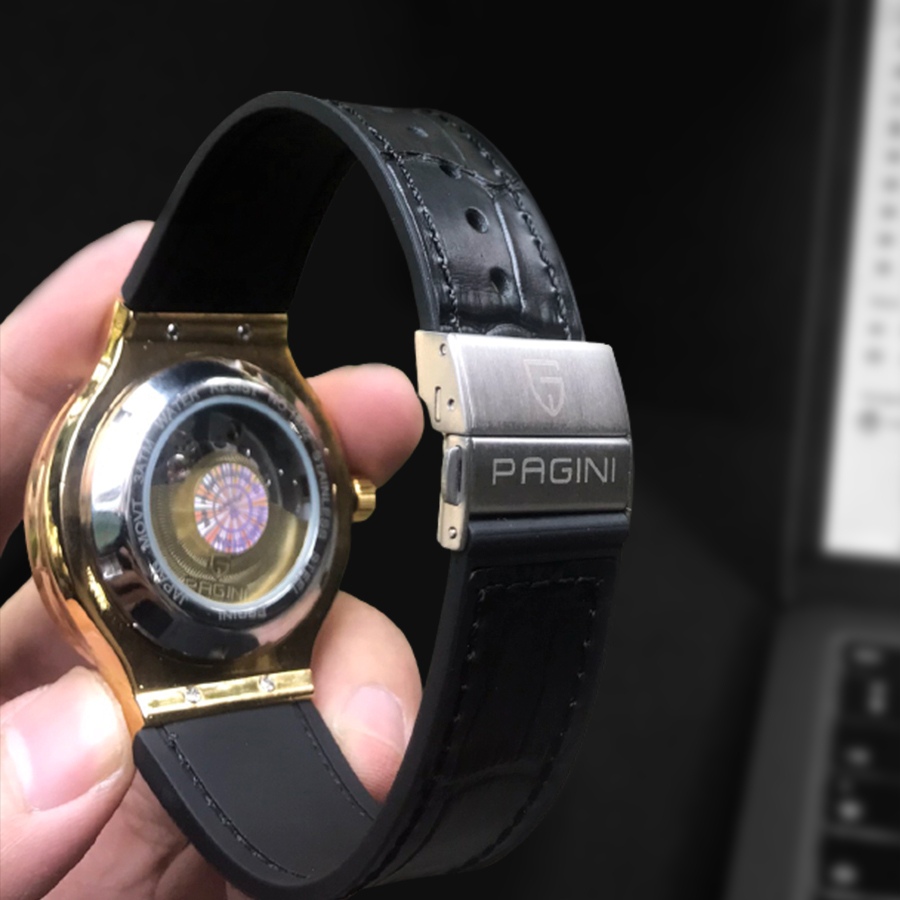 Đồng hồ cơ nam dây da chính hãng Pagini PA1852, đồng hồ automatic mặt tròn 40mm đính đá sang trọng.