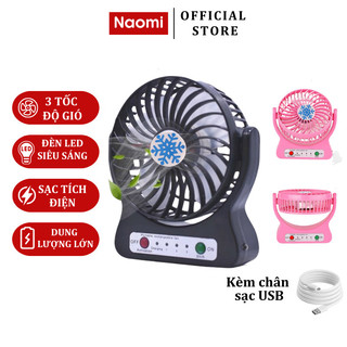 Quạt Tích Điện Naomi Mini Để Bàn Cầm Tay 3 Chế Độ Gió Di Động Tiện Dụng