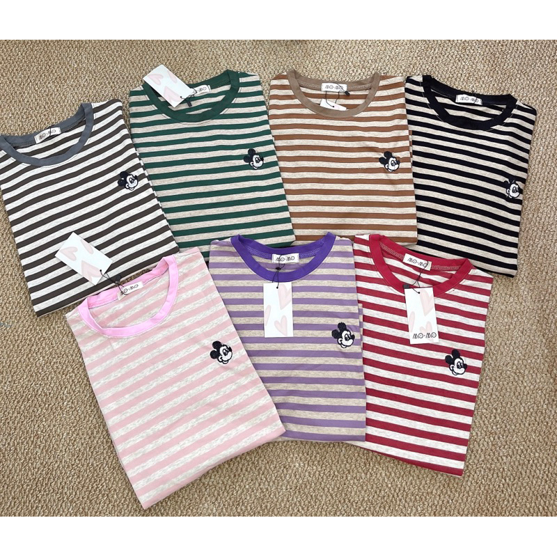 Áo Phông Cotton Kẻ To Hình Mickey Chất Mát Phong Cách Hàn Quốc GULA
