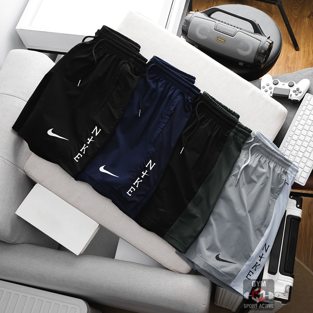 Quần short nam thể thao quần đùi tập gym chạy bộ nam short Nike phối sọc lưới chất xi ( dù ) phom ngắn trên gối