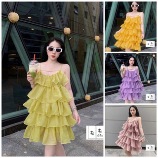 Váy tơ 2 dây bèo 5 tầng chất tơ mềm đi biển đi chơi