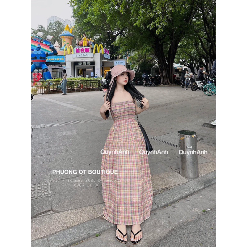 Váy Đũi Kẻ Hai Dây Chun Ngực Chất Siêu Mát Mềm Mã QA130