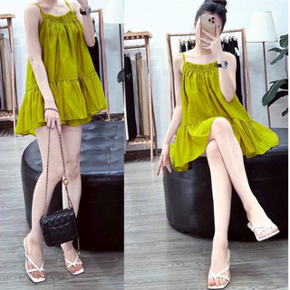 Set áo 2 dây cổ yếm phom dài xoè rộng kèm quần đùi vải kate mềm mịn, dày dặn