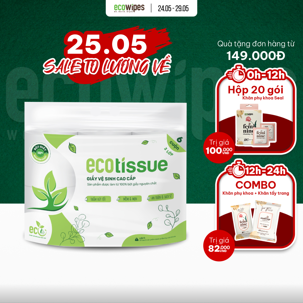 Giấy vệ sinh giấy cuộn cao cấp Ecotissue 3 lớp lốc 6 cuộn có lõi/không lõi cao cấp mềm dai tự nhiên