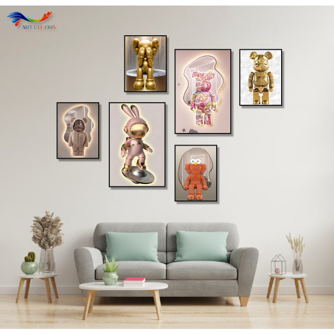 SET 6 TRANH GỖ TRÁNG GƯƠNG dán tường Gấu Kaws, Gấu Bearbrick Decor phòng khách, Decor shop