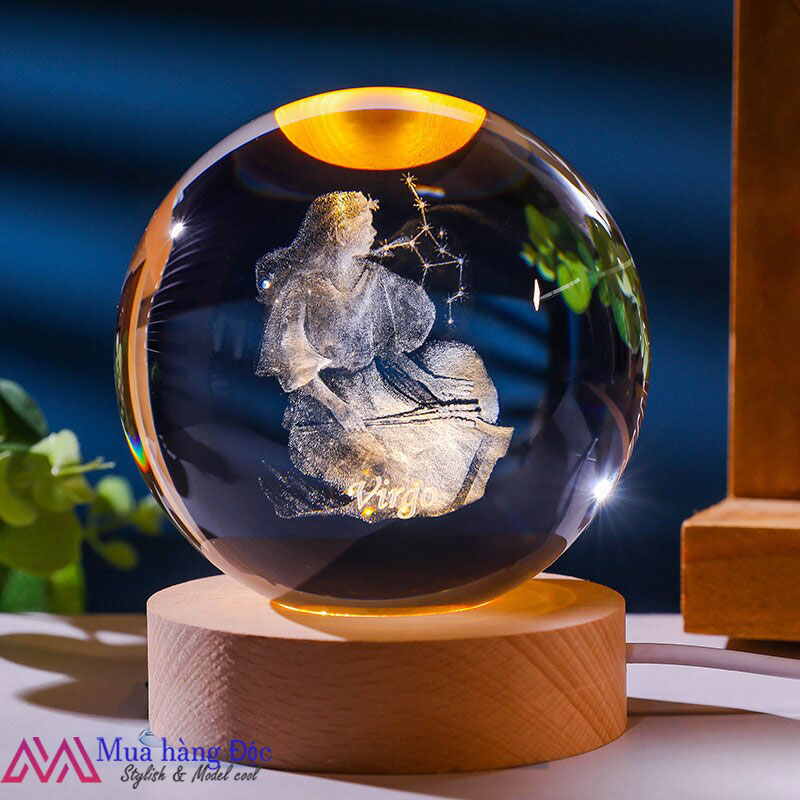 Bộ quà tặng sinh nhật 🎁🎁🎁 Quả cầu pha lê đèn led 3d 12 Cung Hoàng Đạo 6cm