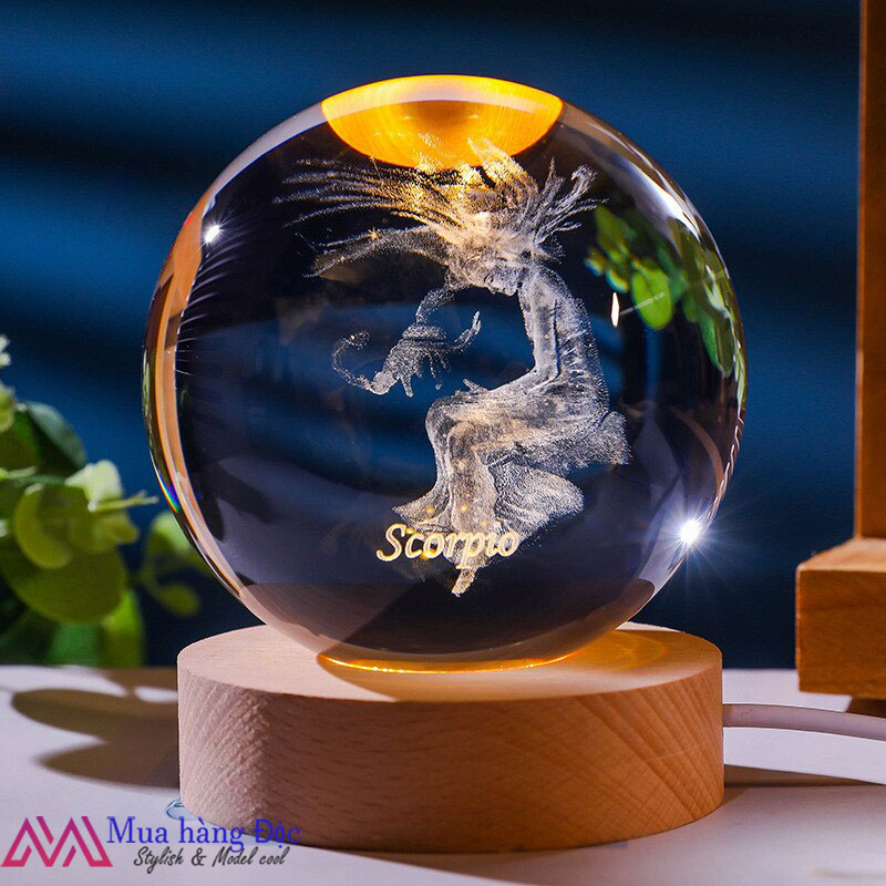 Bộ quà tặng sinh nhật 🎁🎁🎁 Quả cầu pha lê đèn led 3d 12 Cung Hoàng Đạo 6cm