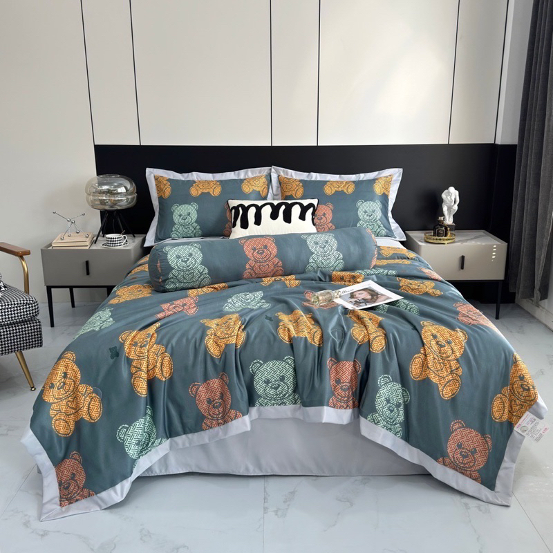 Set ga phi lụa in hoa 5 món IGUN BEDDING chăn trần bông hè siêu mát lạnh