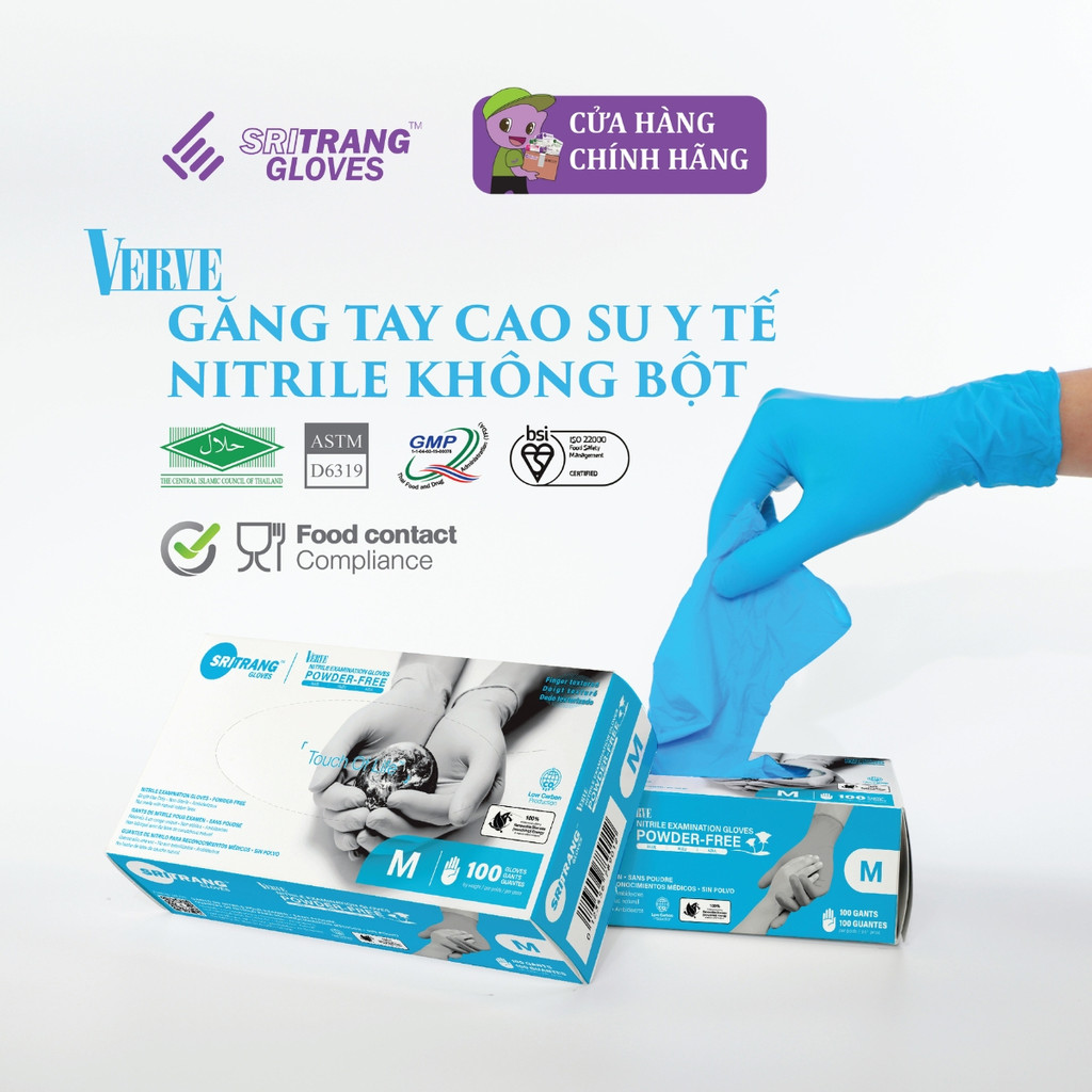 Găng tay y tế màu xanh Sri Trang Nitrile Không Bột 4.8g 100 chiếc/hộp