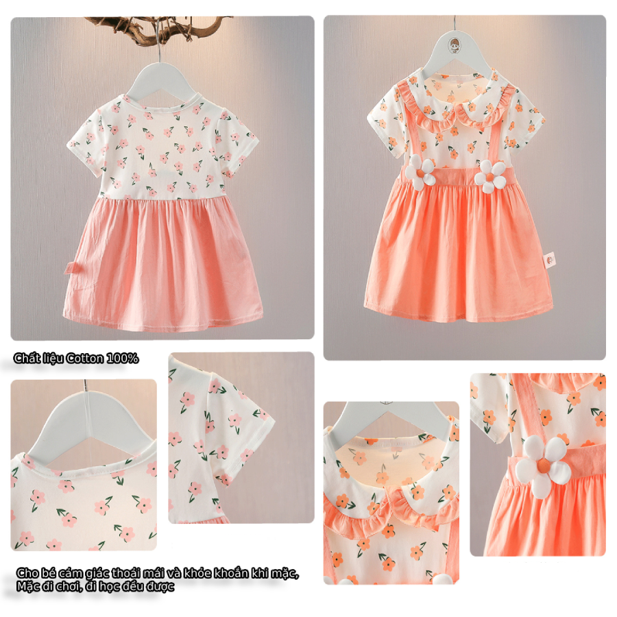 Váy Ngắn Tay Cho Bé Gái Từ 7Kg - 17Kg Họa Tiết Hoa Nhí Vải Cotton Thời Trang Hè